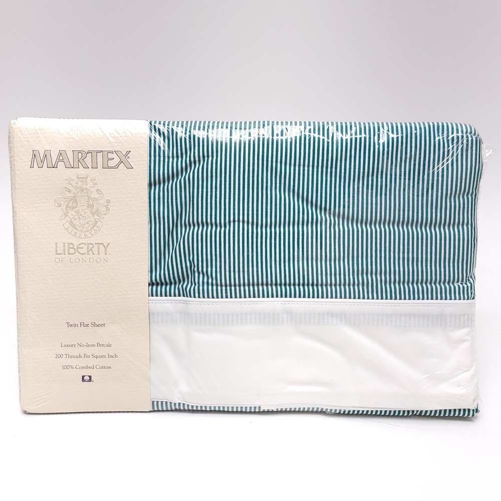 Martex Liberty of London Ascot Twin Flat Sheet Hunter Green Pinstripe 1989 NIP